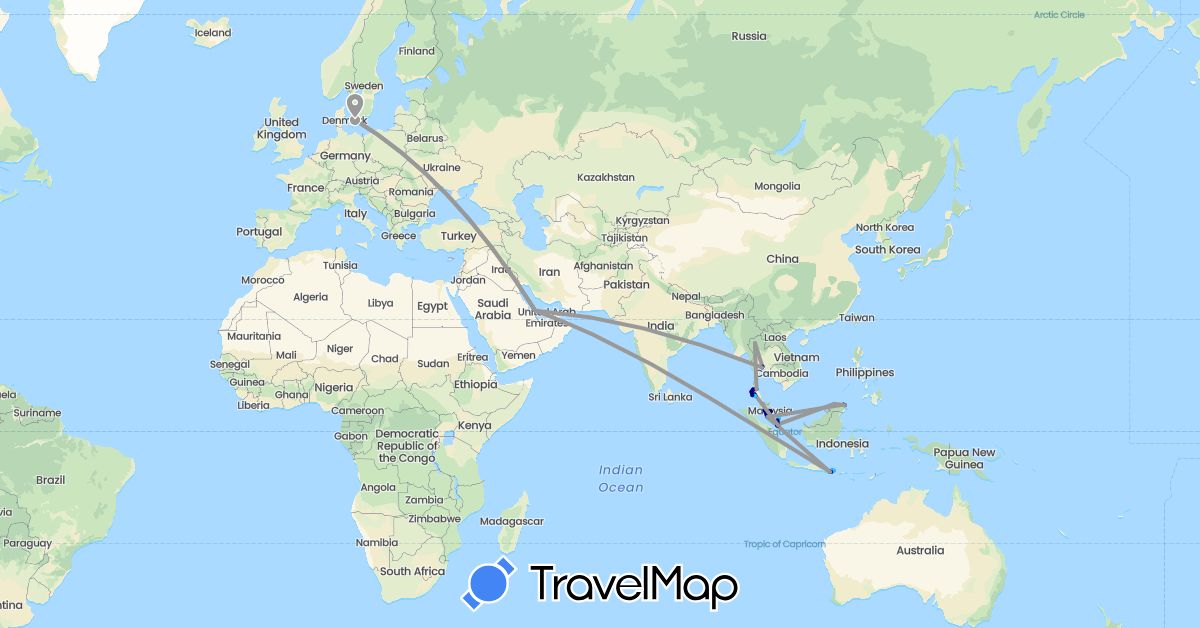 TravelMap itinerary: driving, plane, boat in Denmark, Indonesia, Malaysia, Qatar, Singapore, Thailand (Asia, Europe)
