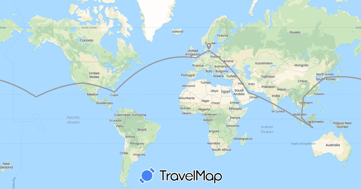 TravelMap itinerary: driving, plane in Denmark, United Kingdom, Indonesia, South Korea, Qatar, Singapore, United States, Vietnam (Asia, Europe, North America)